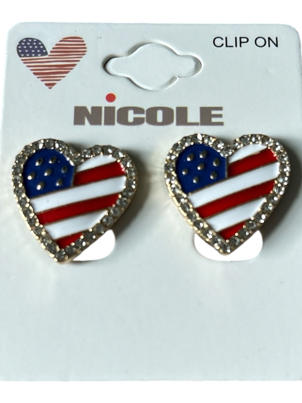 Nicole Heart-Shaped American Flag Clip-On Earrings - Red White Blue Gold Tone